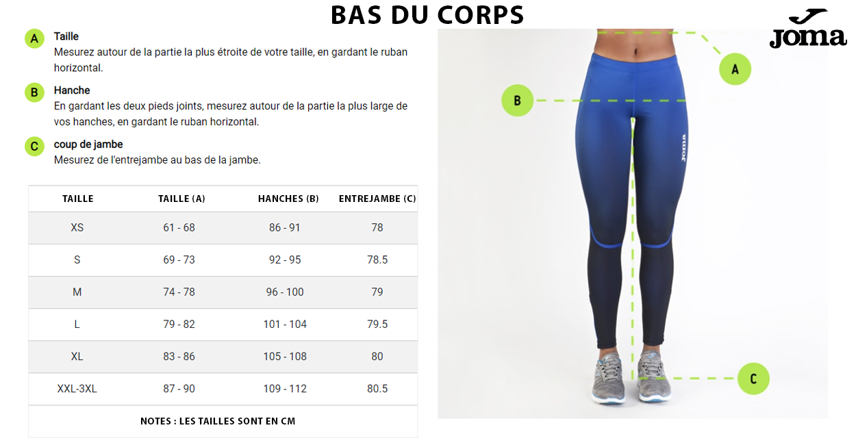 guide des tailles bas du corps joma