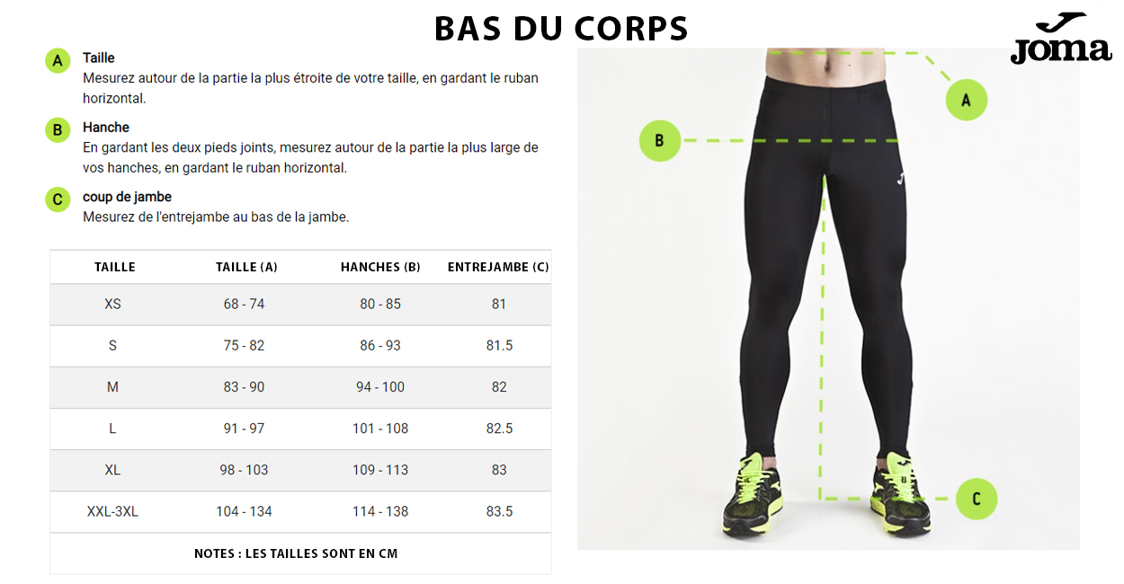 guide des tailles bas du corps joma