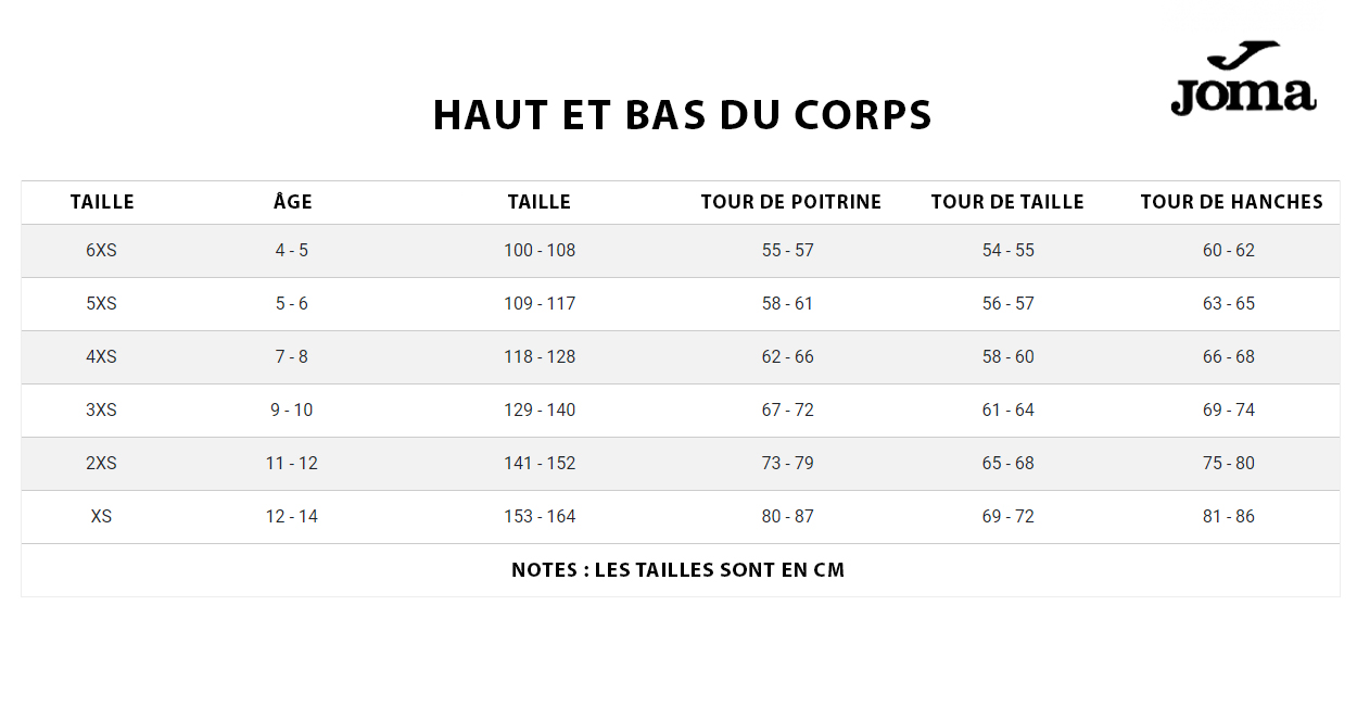 guide des tailles junior joma